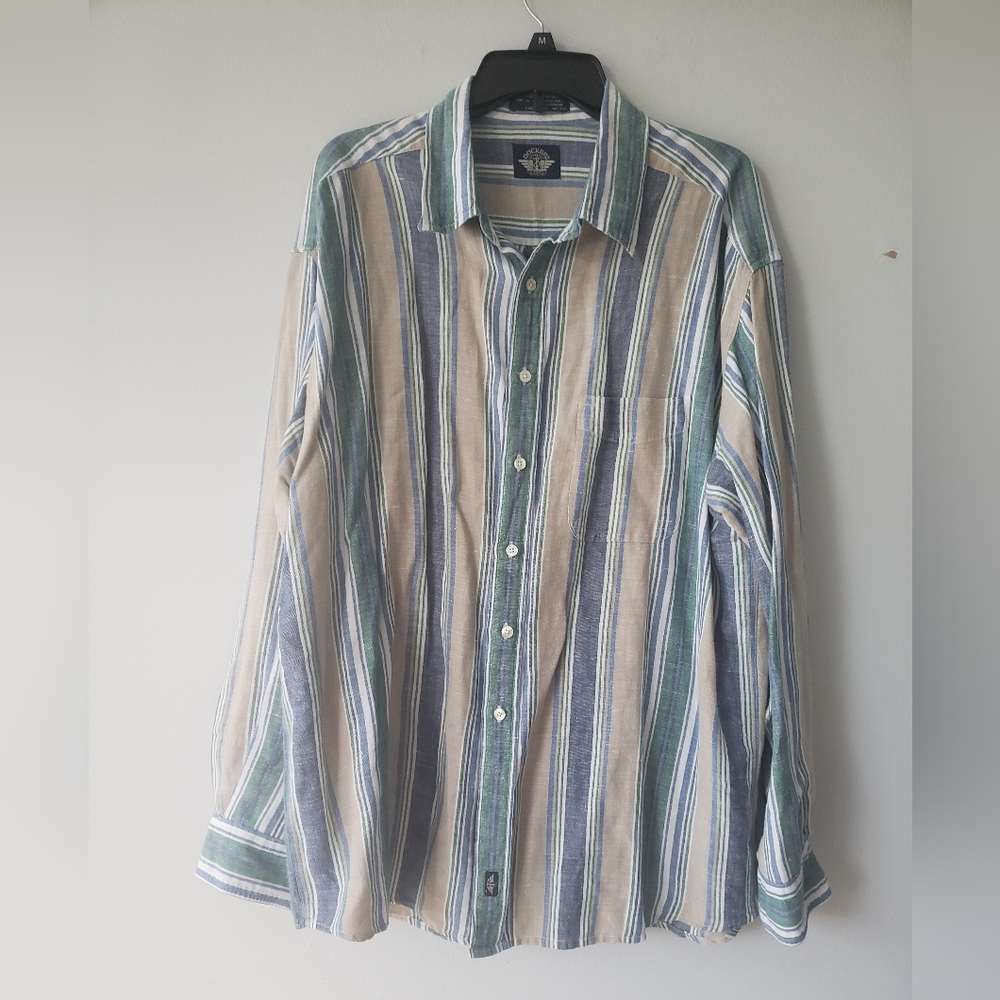 Dockers Mens Linen Blue Tan Green Striped Long Sleeve Button Down Shirt XL